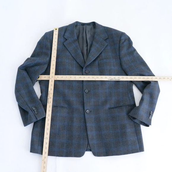 Perry Ellis Vintage Grey Blue Checker Pattern Wool Three Button Blazer - Size 44 - Picture 4 of 11